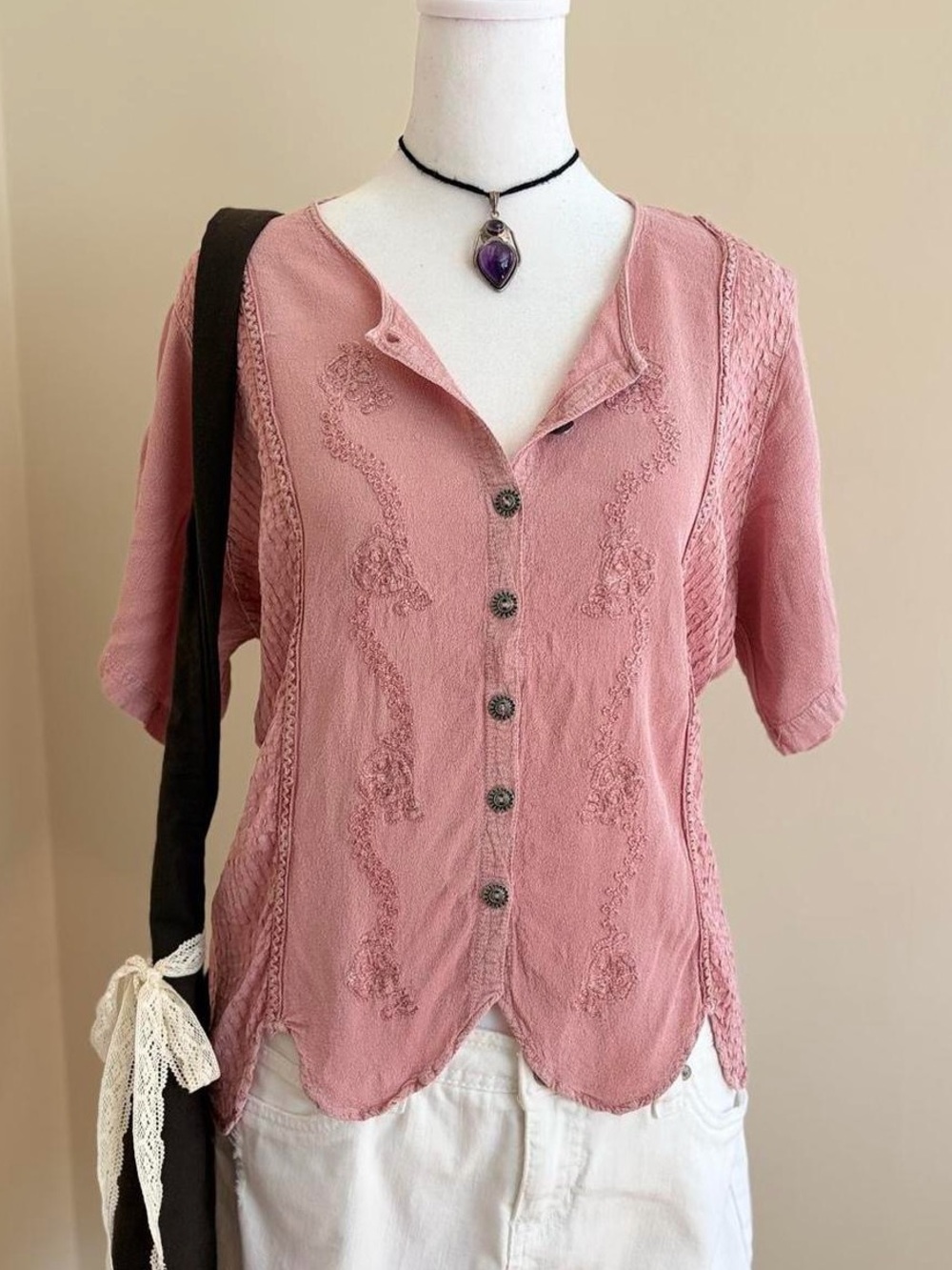 Vintage 90s fairy boho coquette pink lace embroidered top festival cottagecore L